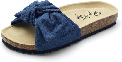 Women's Cork Footbed Slide Sandals with Bow Tie Detail