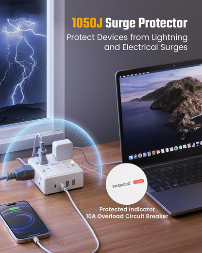 Flat Plug Surge Protector Power Strip | 8 AC + 4 USB Ports