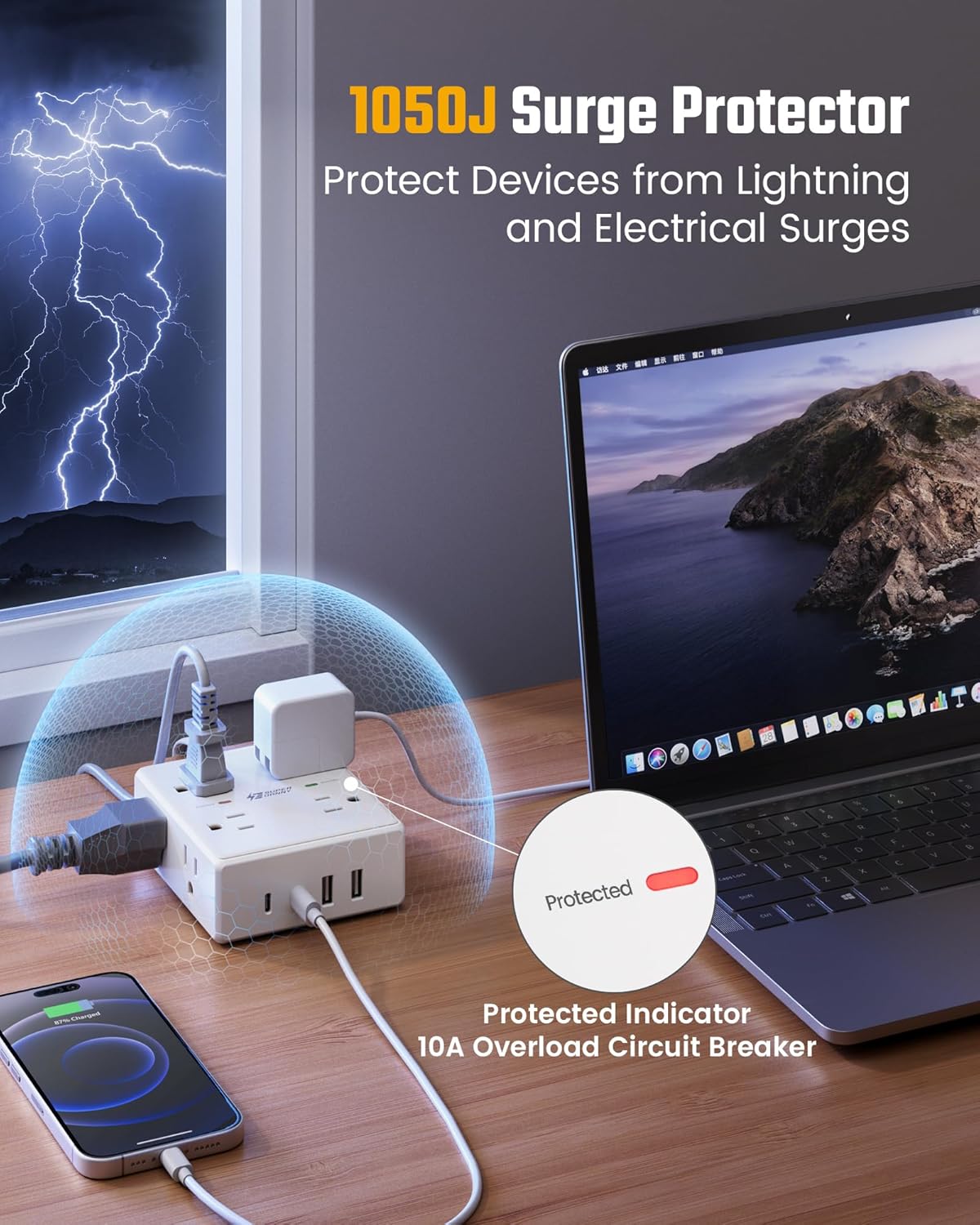 Flat Plug Surge Protector Power Strip | 8 AC + 4 USB Ports