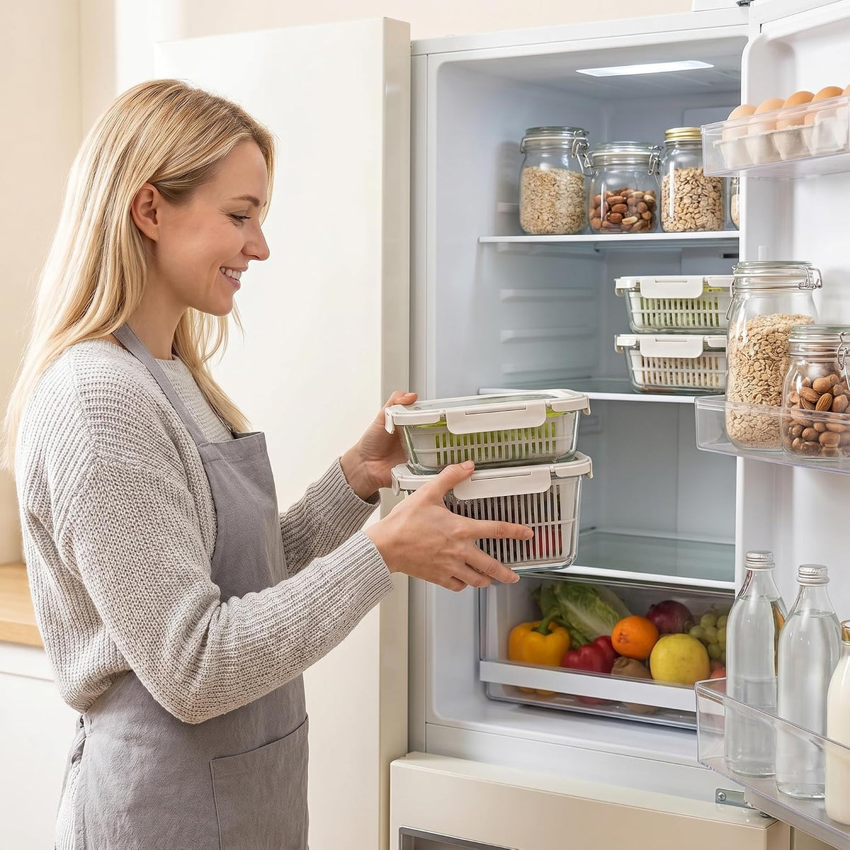 Glass Produce Storage Containers with Airtight Colander System