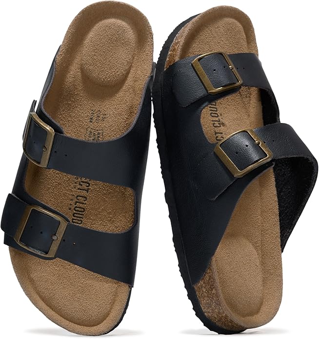 Genuine Leather Cork Footbed Slide Sandals with Memory Foam & Arch Support