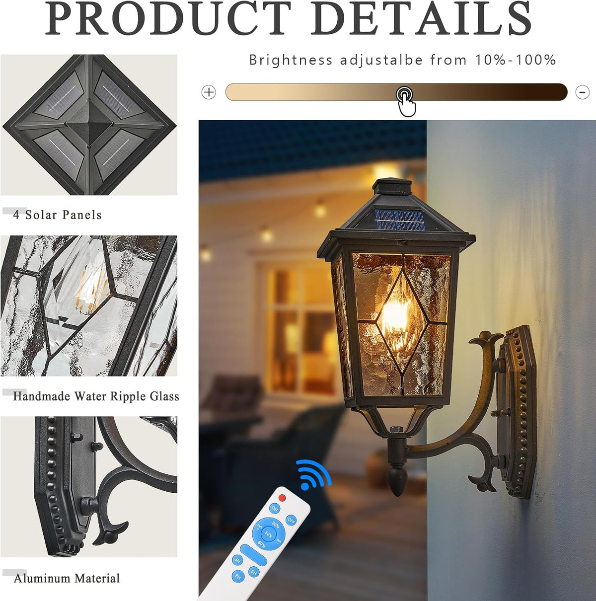 Solar Outdoor Wall Lamp with Water Ripple Glass & Remote