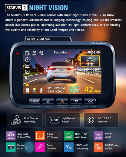 Dual 4K Dash Cam Front & Rear with WiFi & GPS Parking Mode
