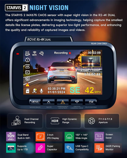 Dual 4K Dash Cam Front & Rear with WiFi & GPS Parking Mode