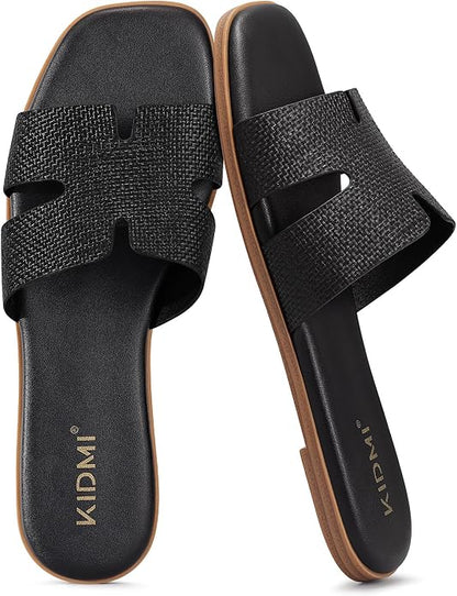 Premium Leather Slide Sandals | Cushioned Square Toe Flats