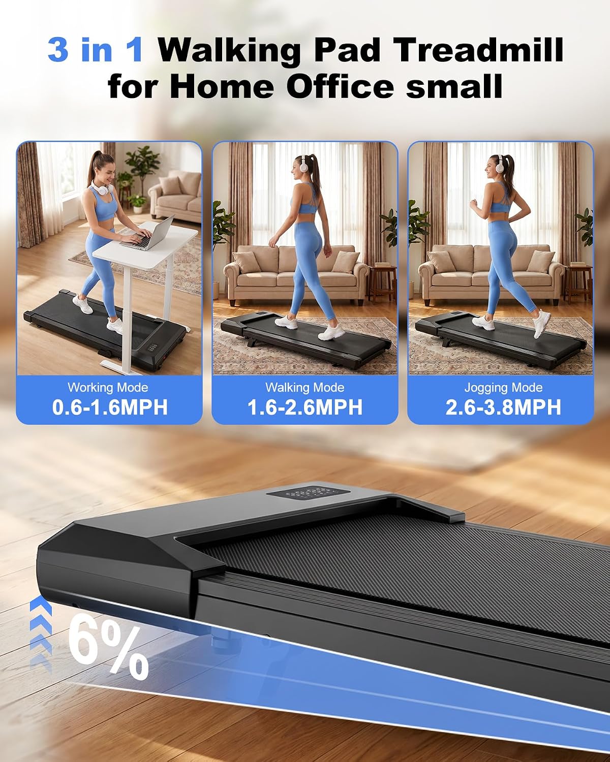 Under Desk Walking Pad Treadmill with 6% Incline | 300 lbs