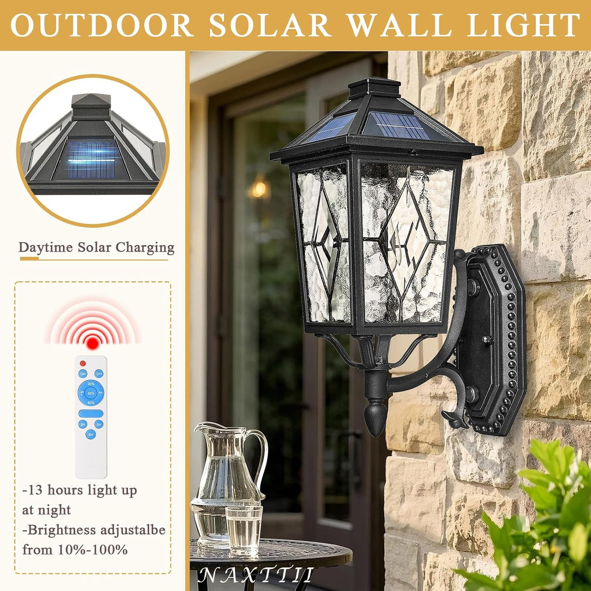 Solar Outdoor Wall Lamp with Water Ripple Glass & Remote