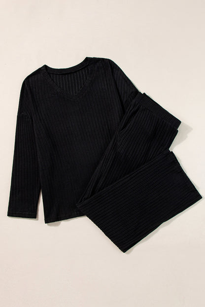 Black Plus Size Ribbed V Neck Pullover and Pants Set