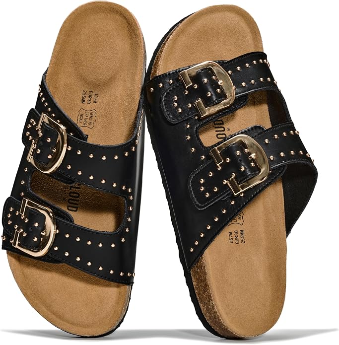 Genuine Leather Cork Footbed Slide Sandals with Memory Foam & Arch Support