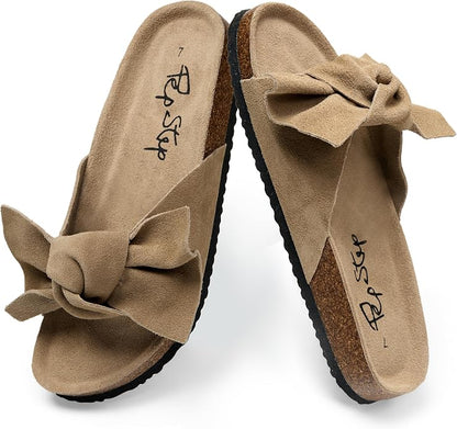 Women's Cork Footbed Slide Sandals with Bow Tie Detail