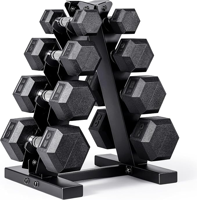 Rubber Hex Dumbbell Set with Vertical Rack | 100-210 lb
