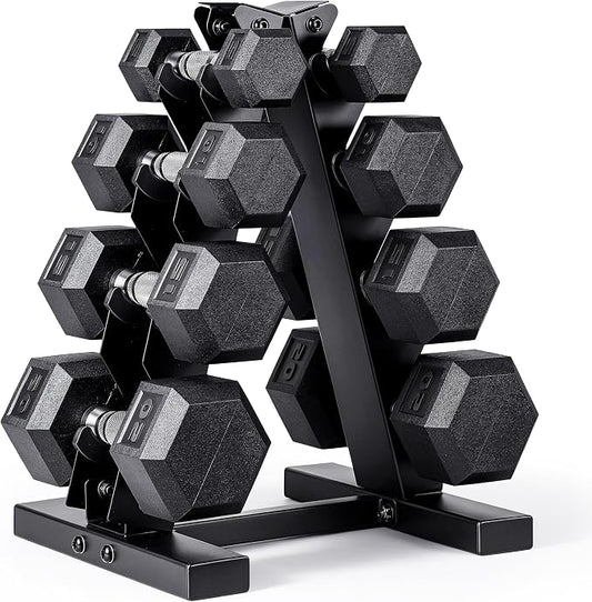 Rubber Hex Dumbbell Set with Vertical Rack | 100-210 lb