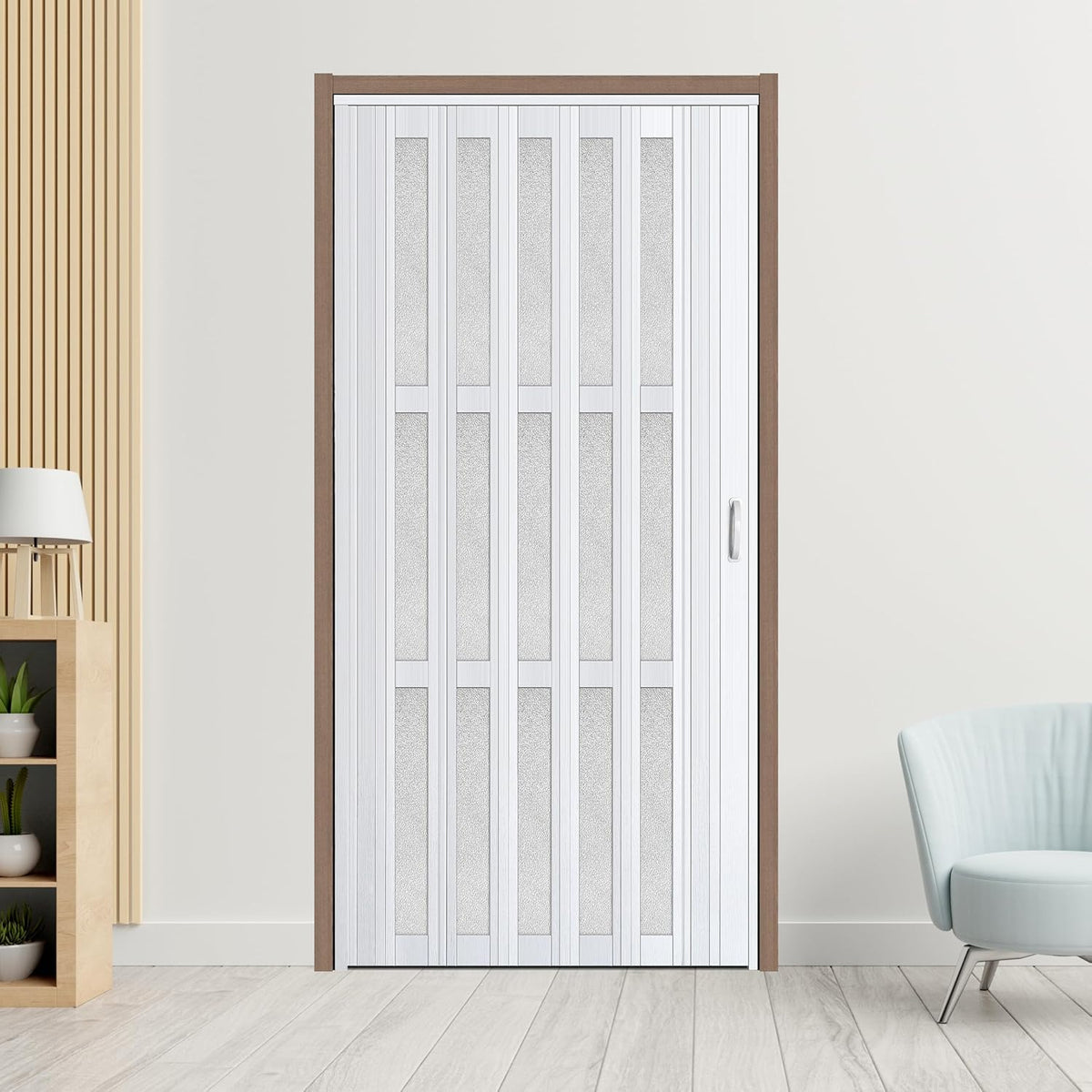 Accordion Door with Frosted Window & Lock | White | 30-48 inch