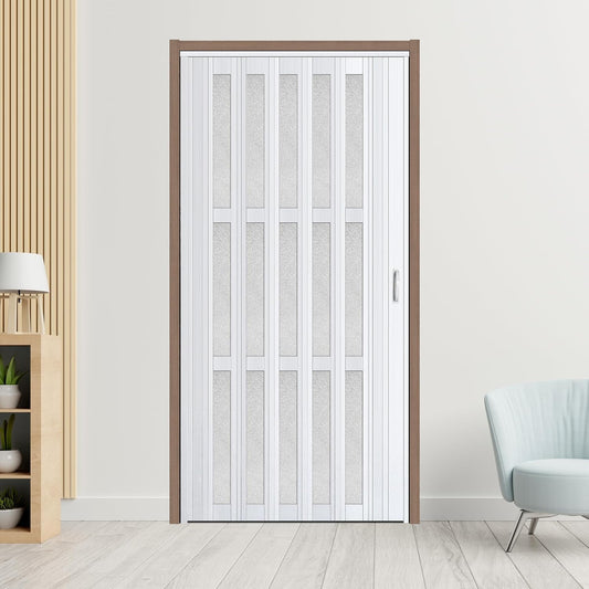 Accordion Door with Frosted Window & Lock | White | 30-48 inch