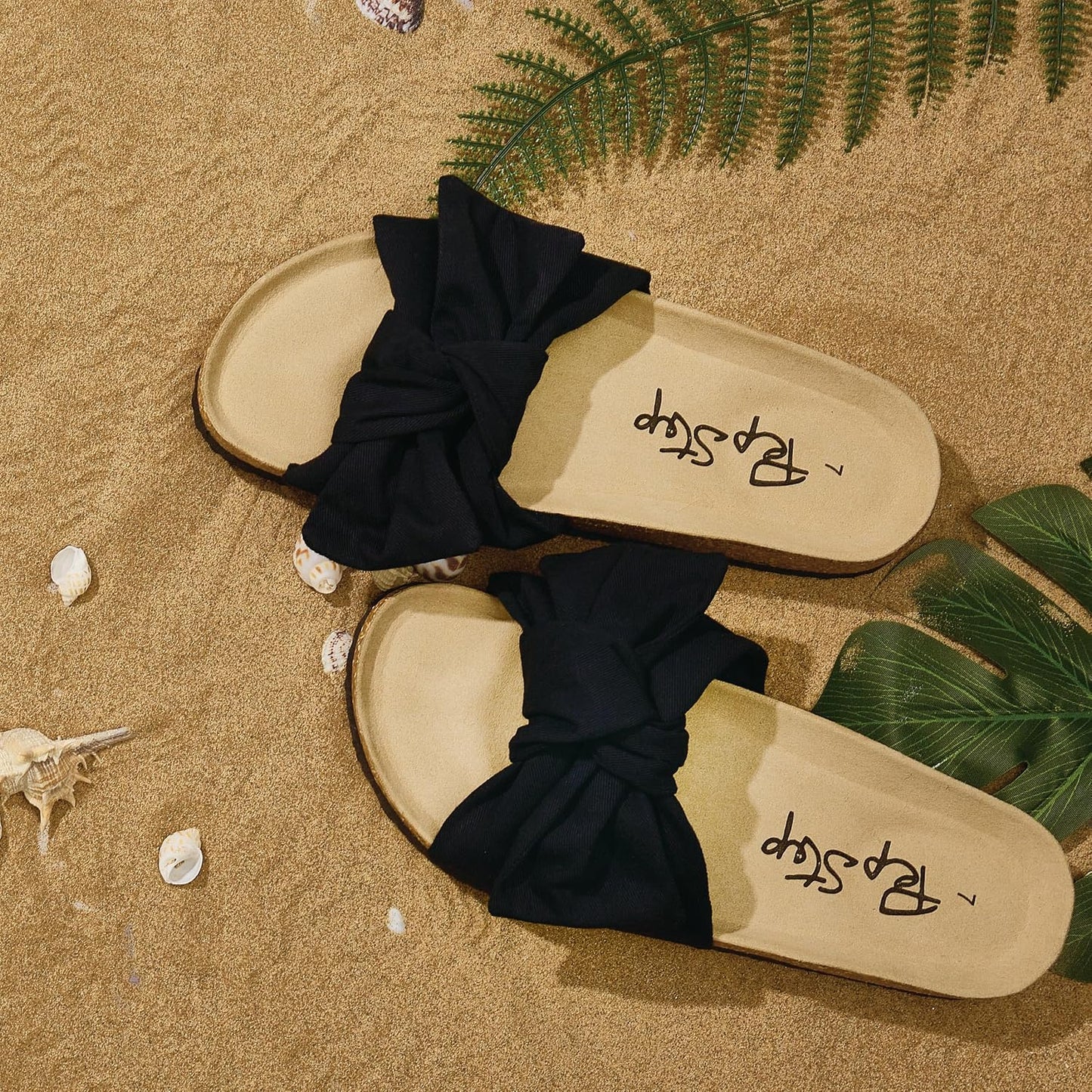 Women's Cork Footbed Slide Sandals with Bow Tie Detail