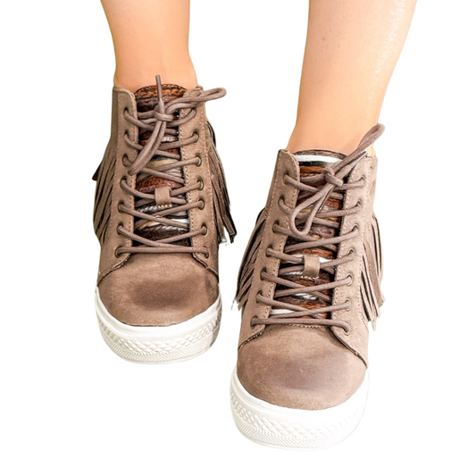 Nick Fringe Sneaker Wedge in Taupe