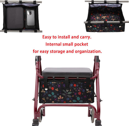 Four Wheel Rollator Tote Bag Organizer, Rollator Walker Under Seat Bag Flower Design