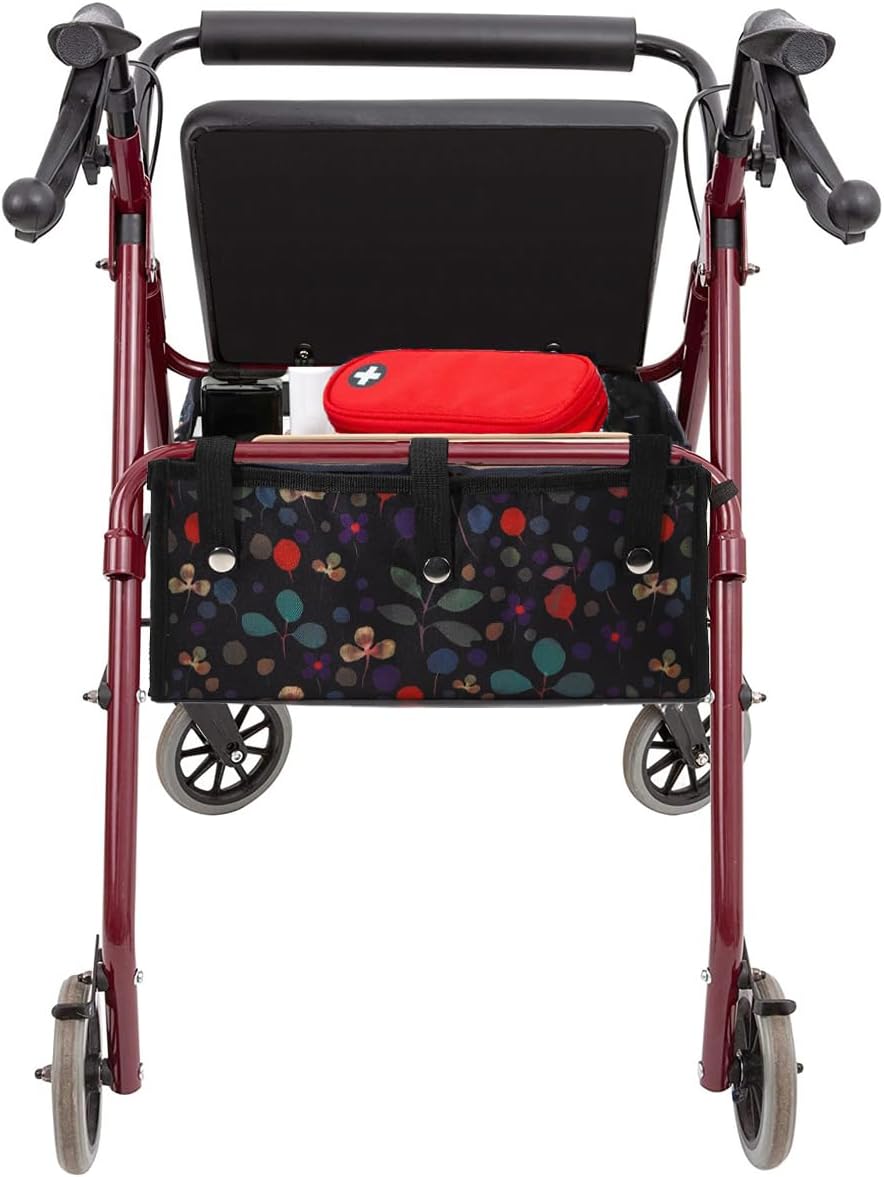 Four Wheel Rollator Tote Bag Organizer, Rollator Walker Under Seat Bag Flower Design