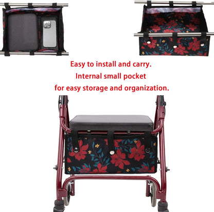 Four Wheel Rollator Tote Bag Organizer, Rollator Walker Under Seat Bag Flower Design