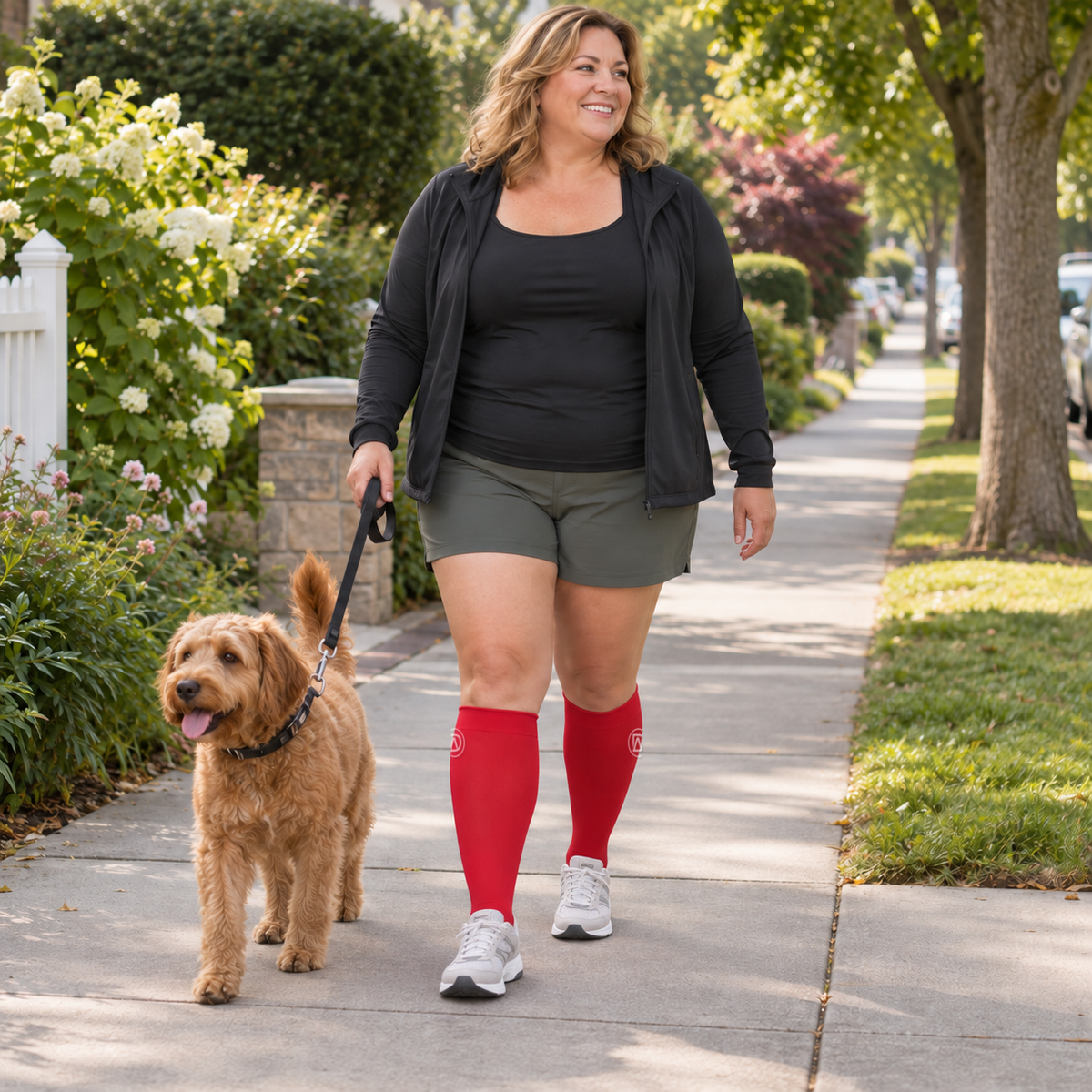 Plus-size woman in walking shoes wearing red wide-calf compression socks with partially visible side logos while walking her dog