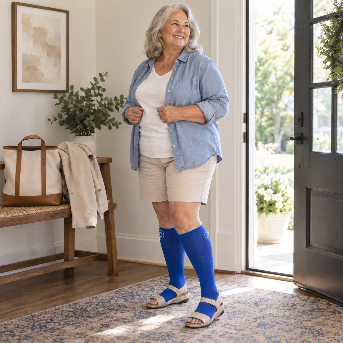 Older plus-size woman wearing blue toeless wide-calf compression socks with side-wrapped logos fully contained on the socks and sandals