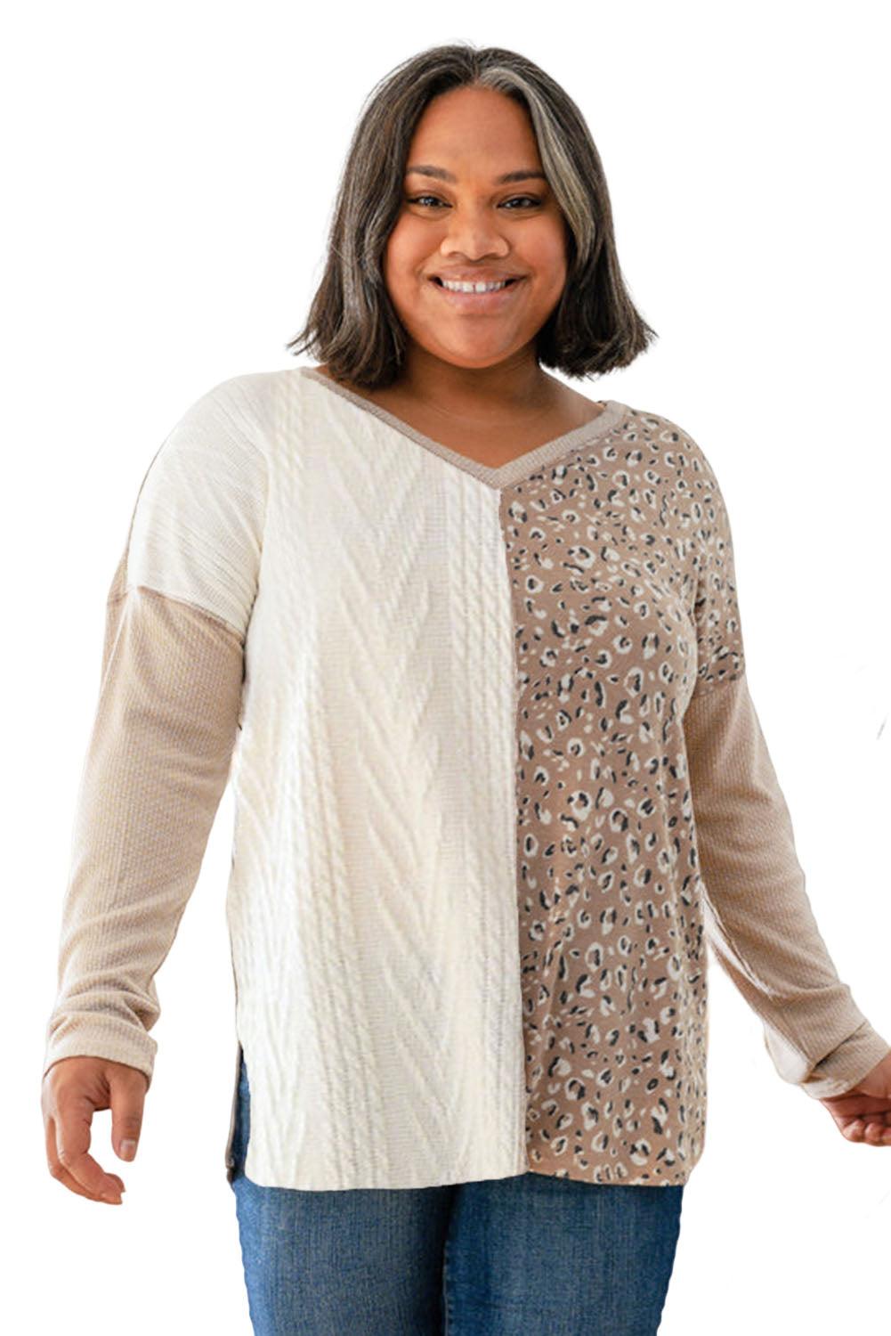 Gray Plus Size Leopard Patchwork Mix Knit Long Sleeve Top - TheGivenGet