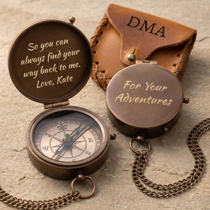 Custom engraved compass with initial and name on cover, personalized antique brass pocket compass gift for him