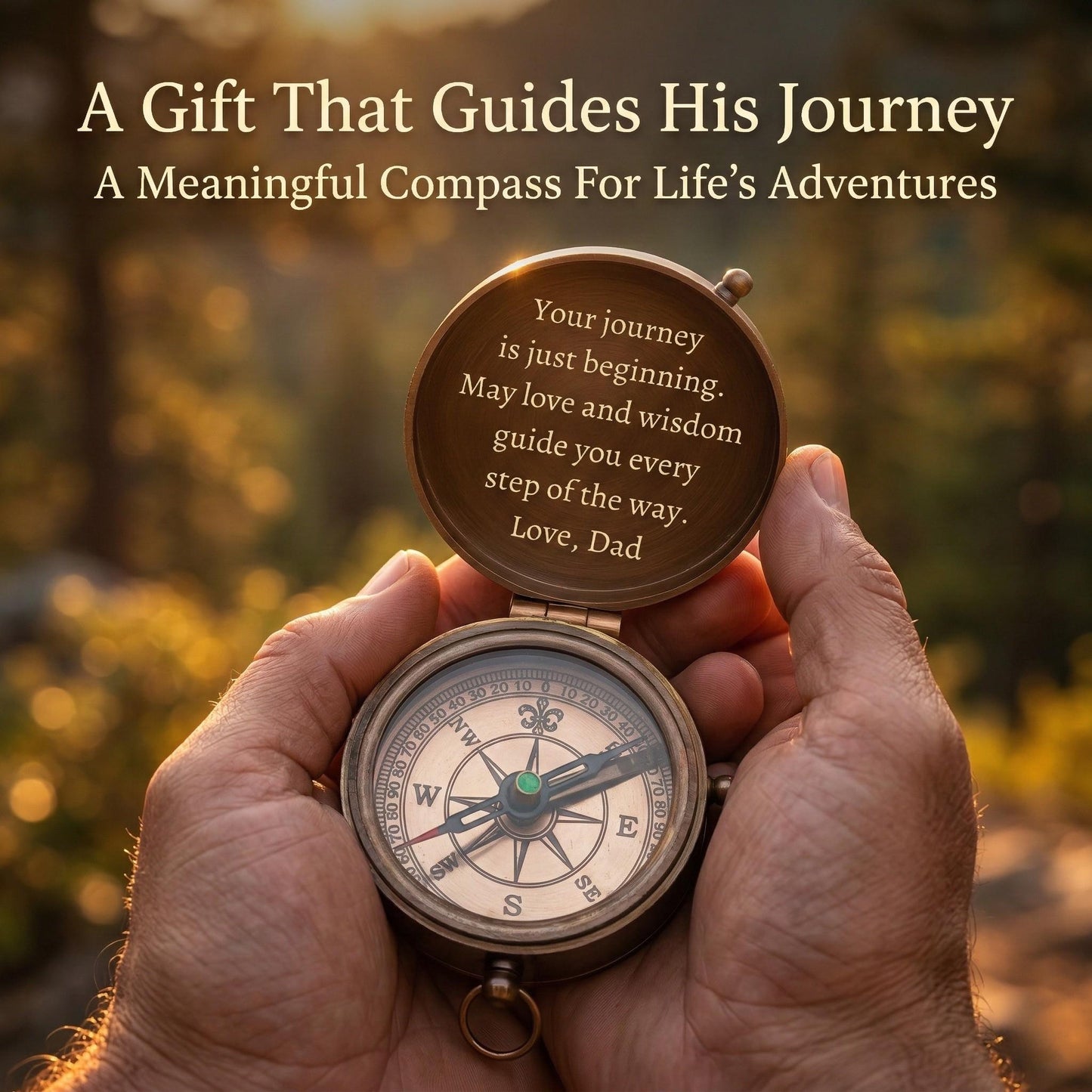 Personalized antique brass pocket compass gift, engraved cover detail