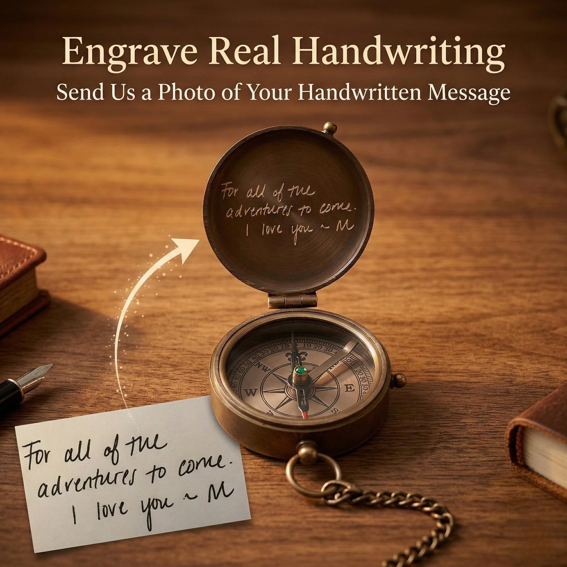 Custom handwriting engraving on personalized brass pocket compass