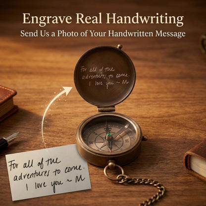 Custom handwriting engraving on personalized brass pocket compass