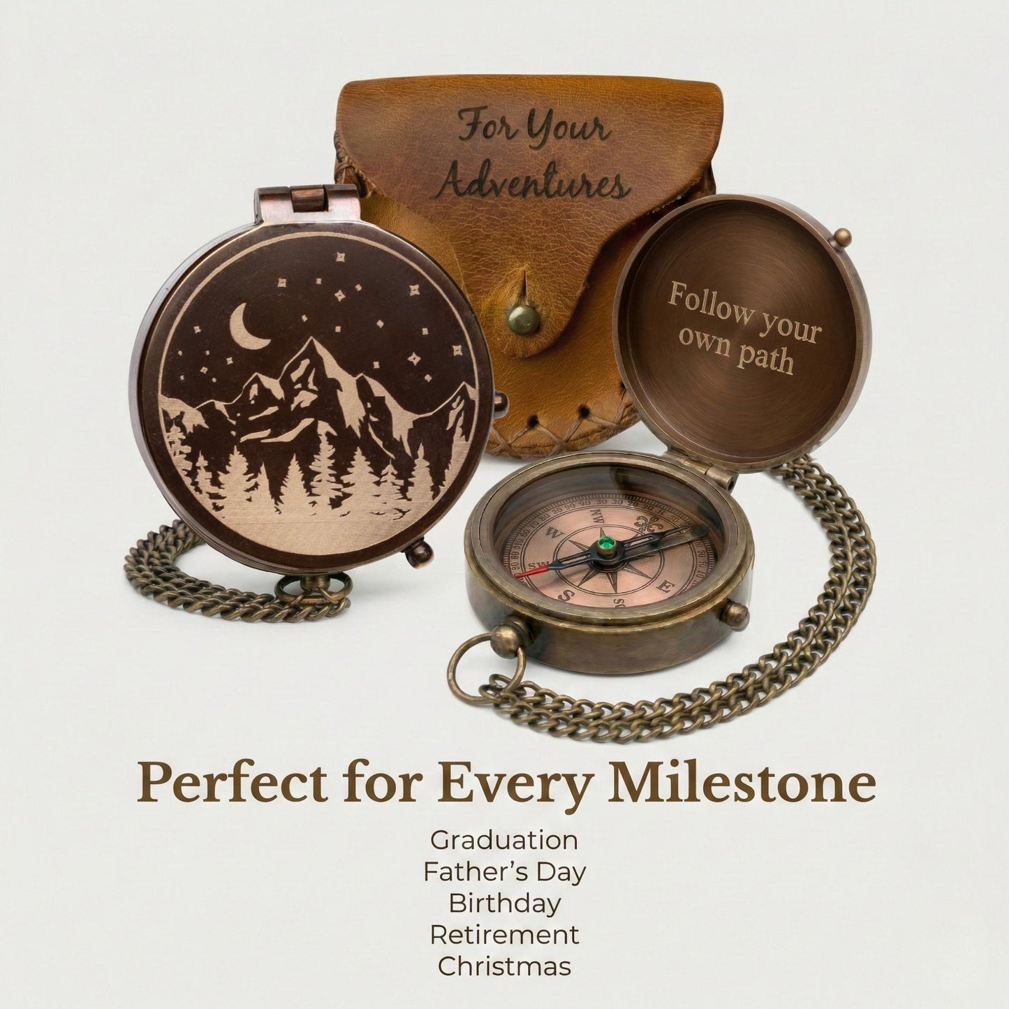 Engraved brass pocket compass with mountain design and leather pouch