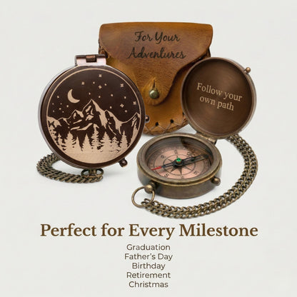 Engraved brass pocket compass with mountain design and leather pouch