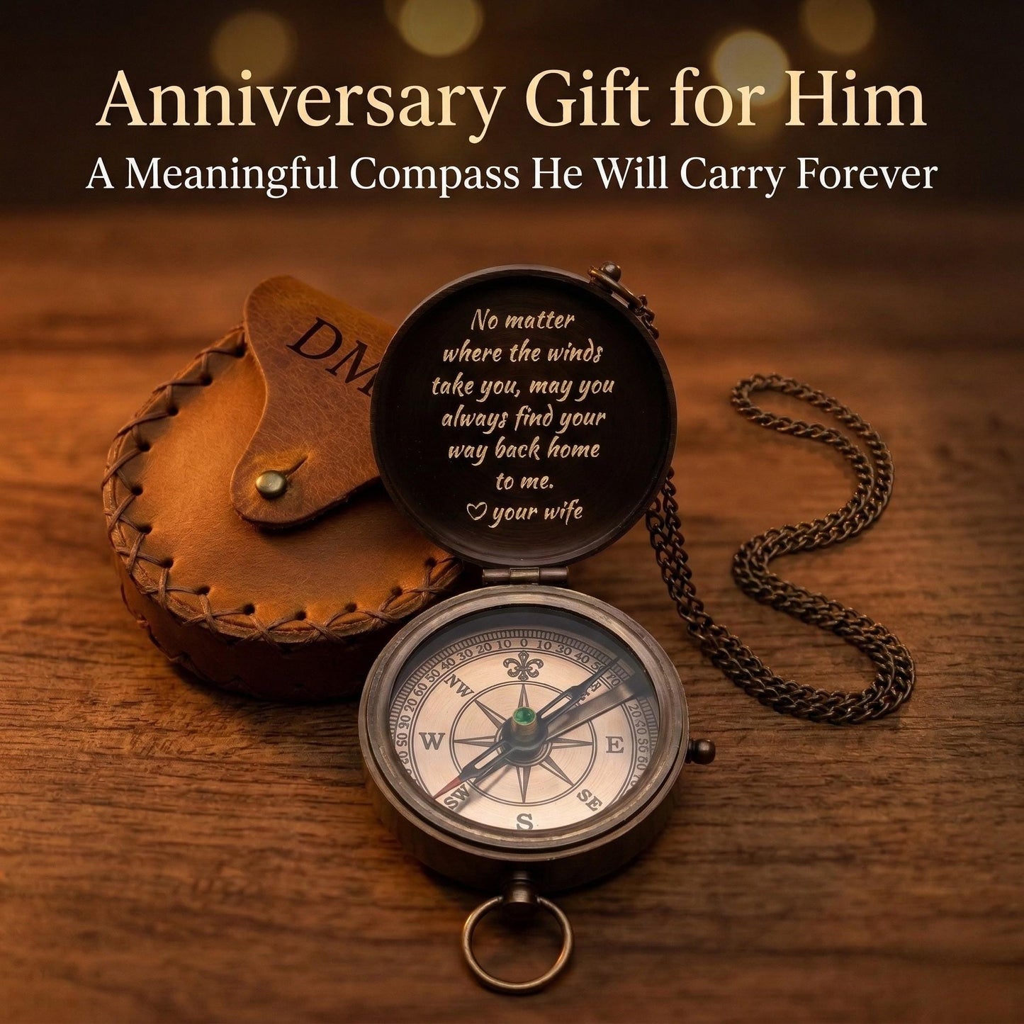 Personalized compass with engraving inside lid, brass keepsake