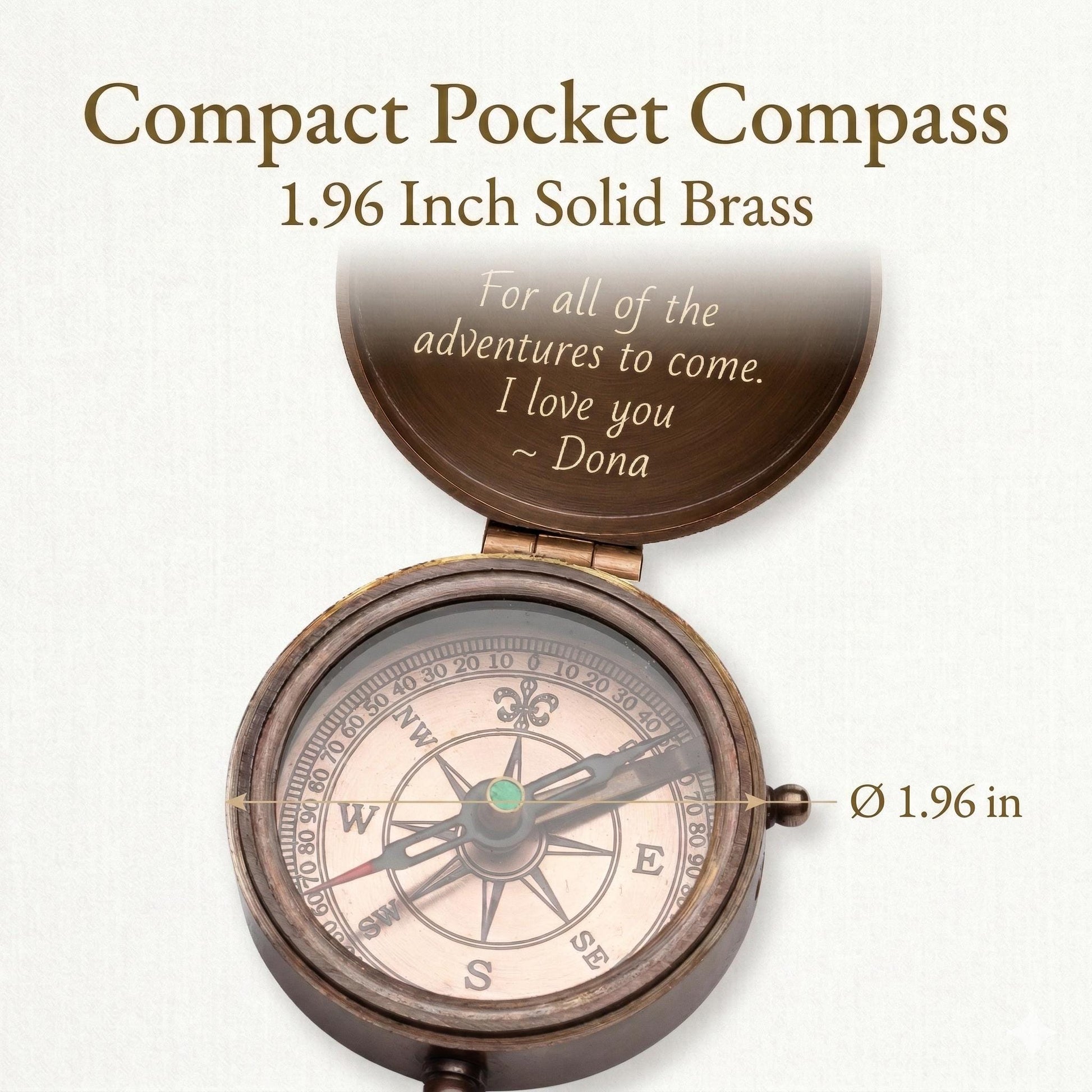 Antique brass pocket compass, open view