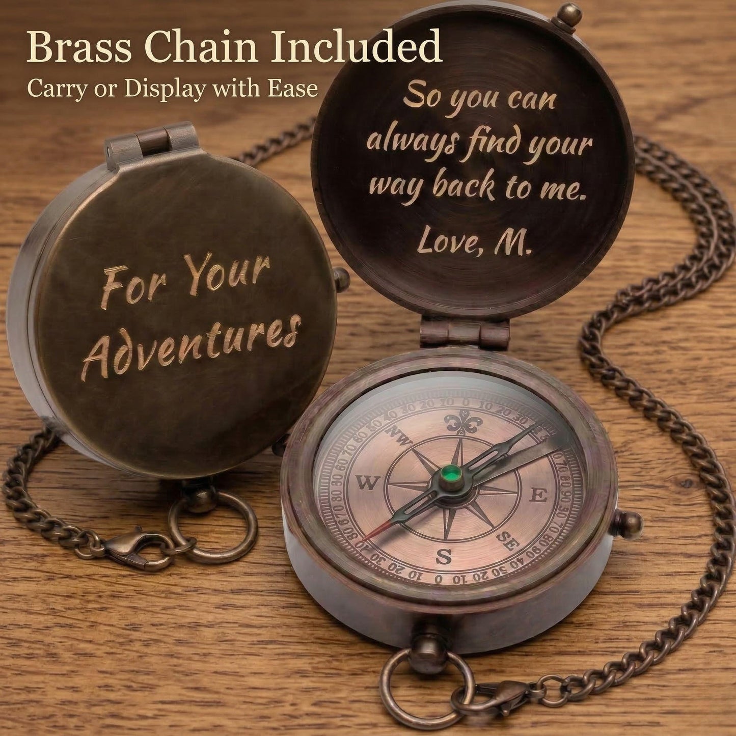 Custom engraved compass with chain, gift for men