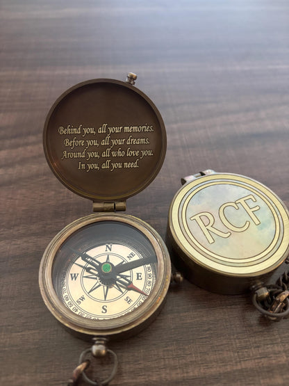 Engraved brass pocket compass, personalized gift for him