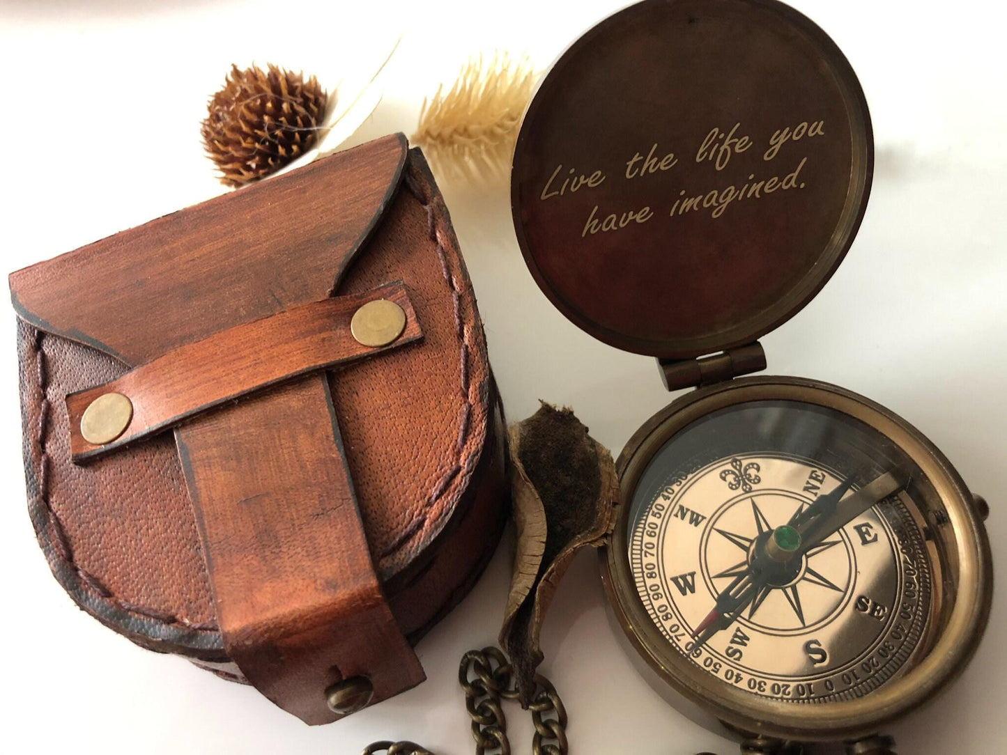 Custom engraved brass pocket compass gift