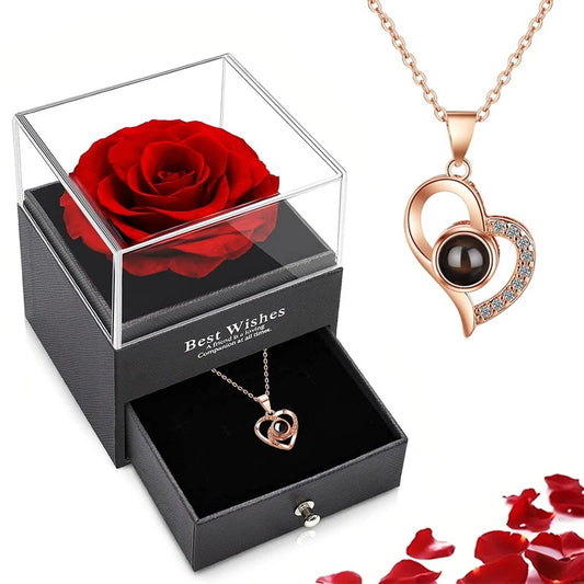 Projection Necklace Set With Rose Gift Box - I Love You Heart Pendant Jewelry