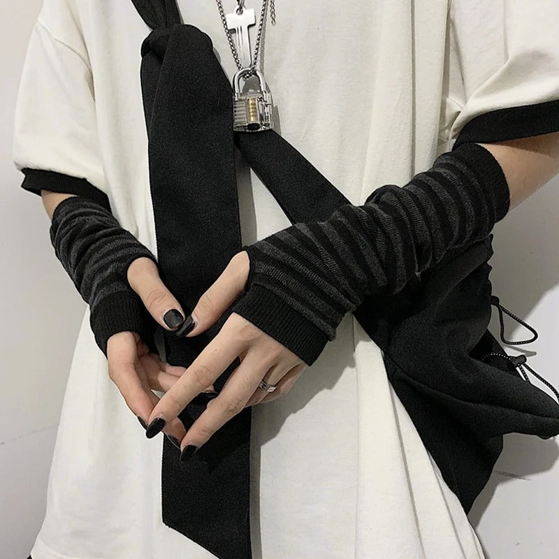 Winter Warm Long Sleeves Gloves - Fingerless Stripe Hip-Hop Knitted Elbow Mittens Elastic Warmer Arm
