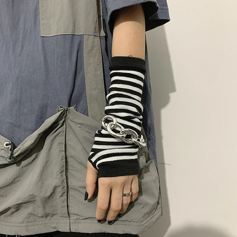 Winter Warm Long Sleeves Gloves - Fingerless Stripe Hip-Hop Knitted Elbow Mittens Elastic Warmer Arm