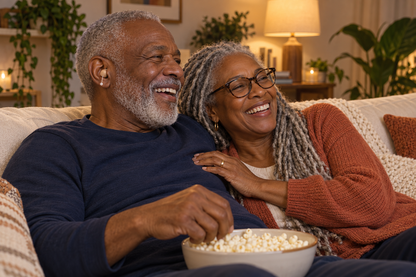 AI illustrative older Black man wearing a beige in-ear aid and relaxing with his wife