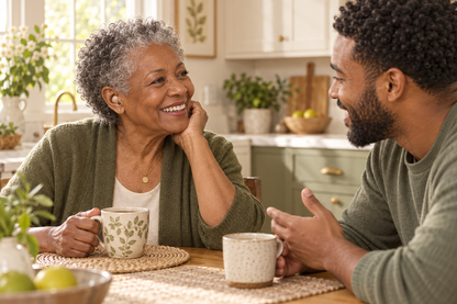 AI illustrative older Black woman wearing a compact beige in-ear hearing aid while talking with her grandson