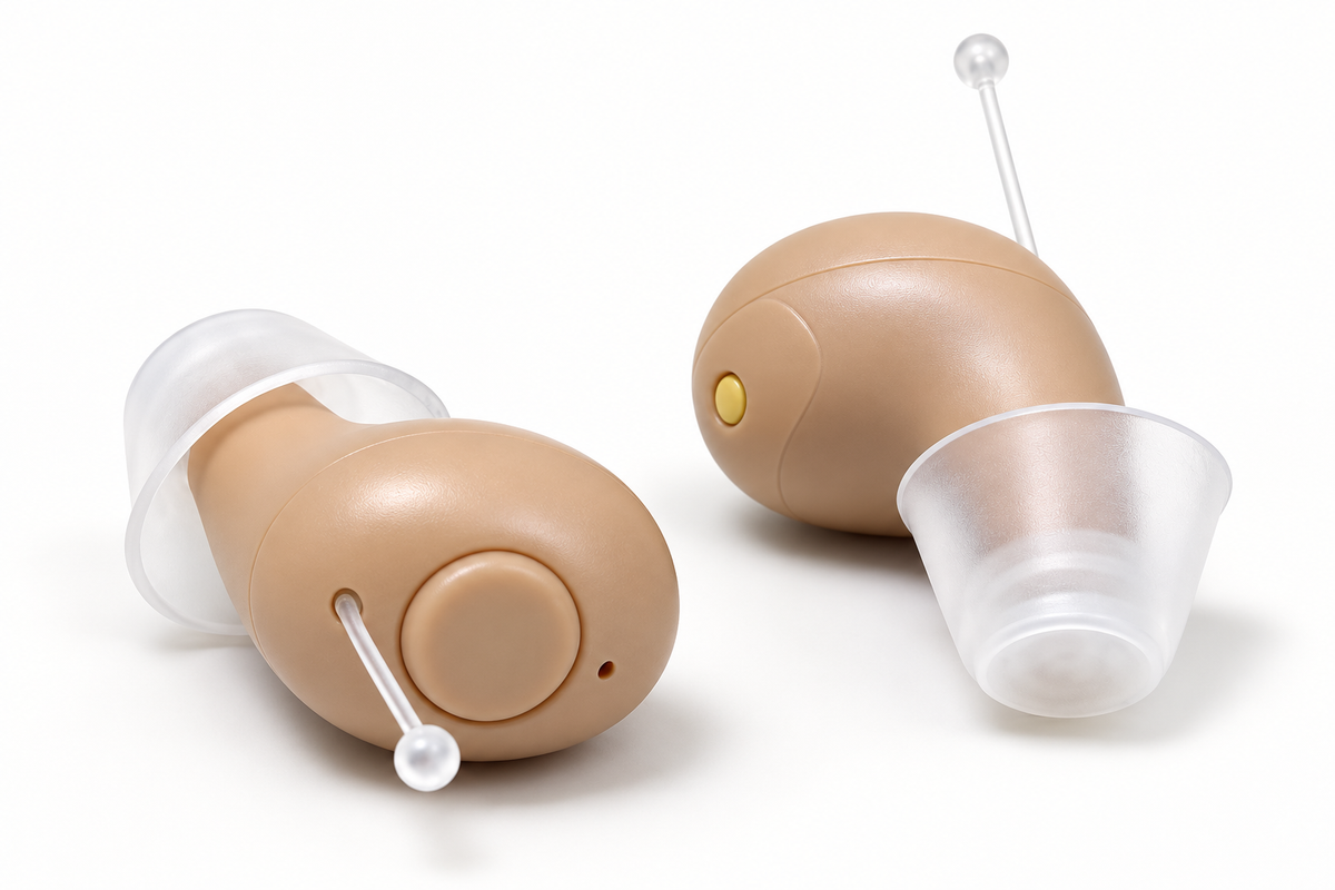 K279 hearing aid controls and ear tips close-up — AI-generated illustration