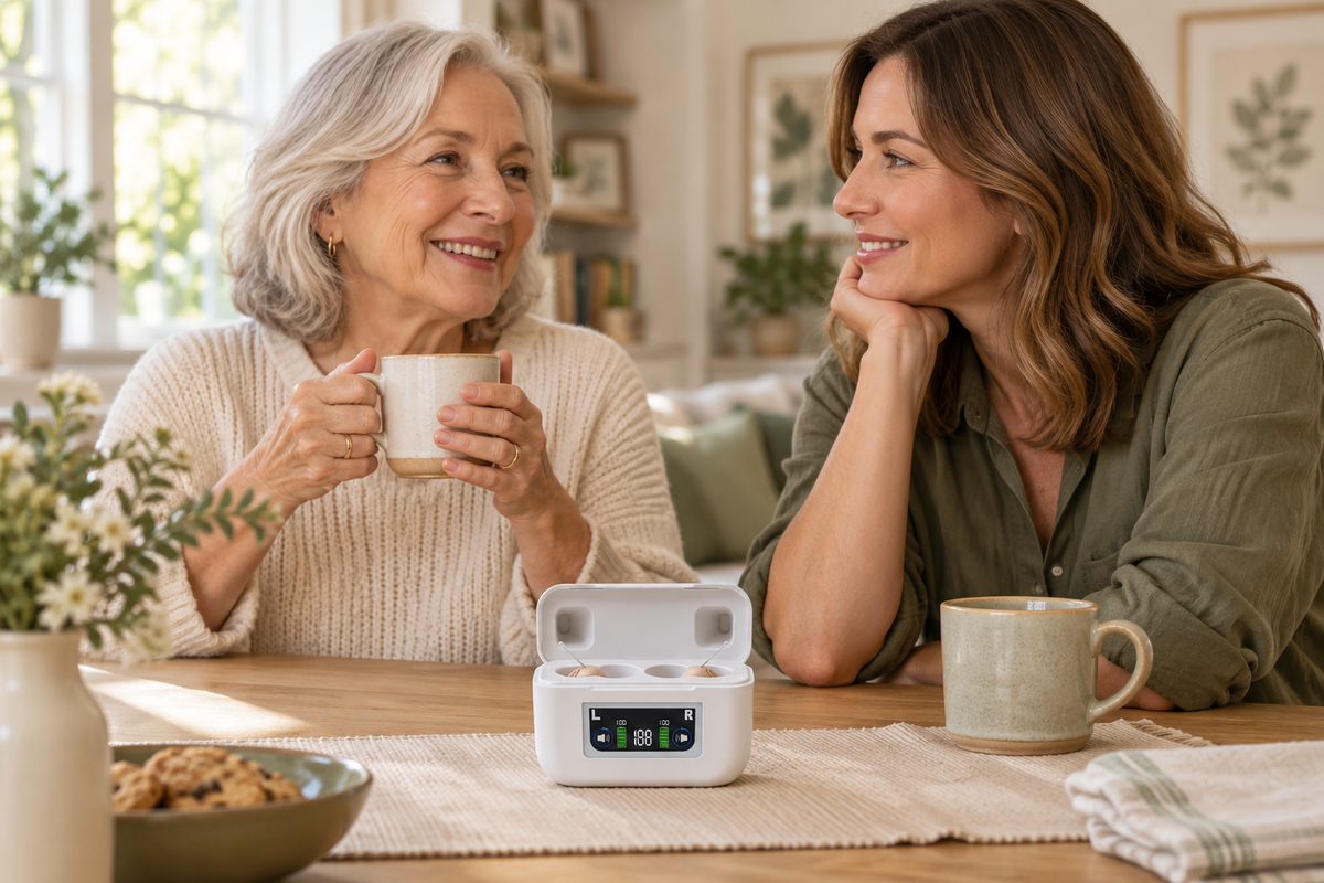 Illustrative home conversation with K279 case on the table — AI-generated scene