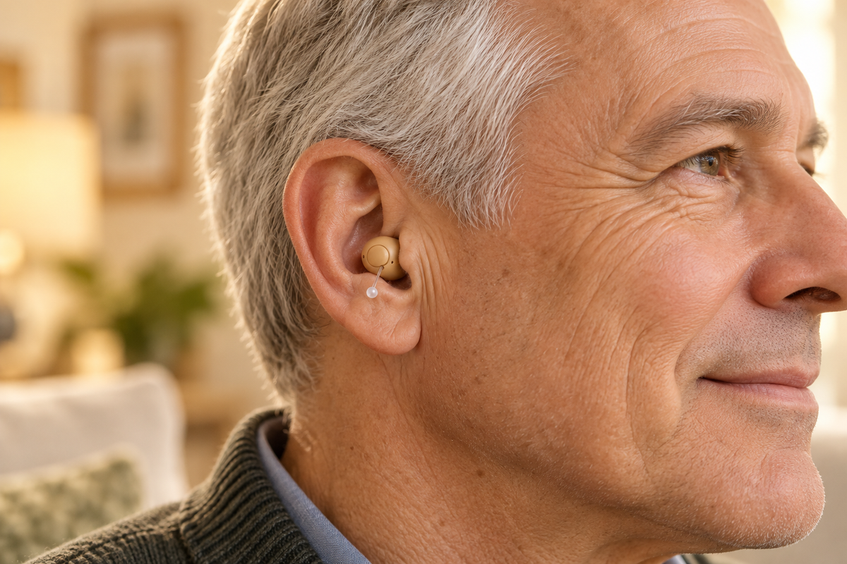 AI illustrative close-up of a man wearing a beige in-ear hearing aid; actual fit varies