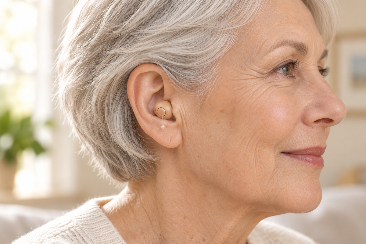 AI illustrative close-up of an older woman wearing a beige in-ear hearing aid; actual fit varies