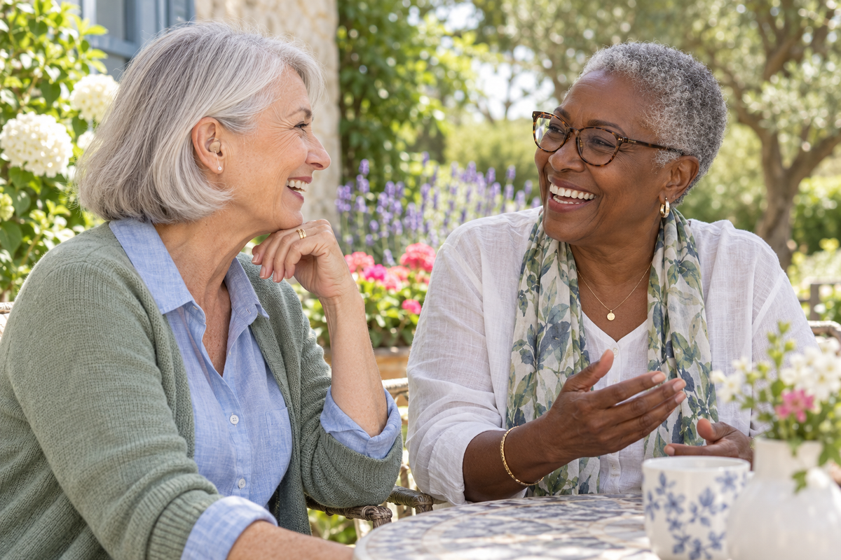 AI illustrative two older women, Black and white, chatting on a garden patio