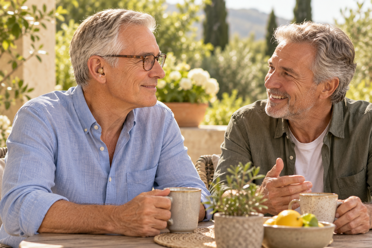 AI illustrative man with glasses chatting on a patio