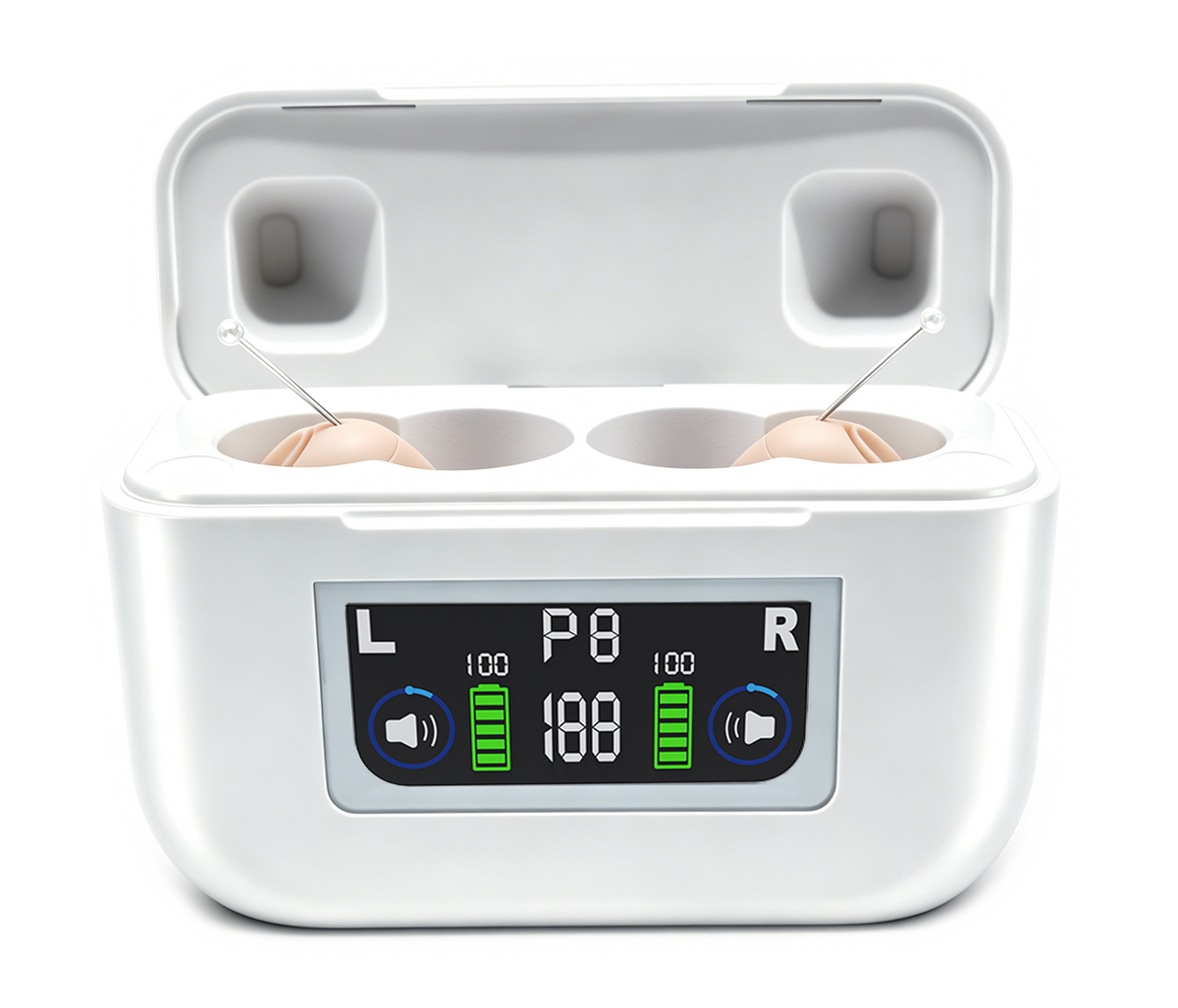 Beige Retone hearing aid pair in an open rectangular white LCD charging case