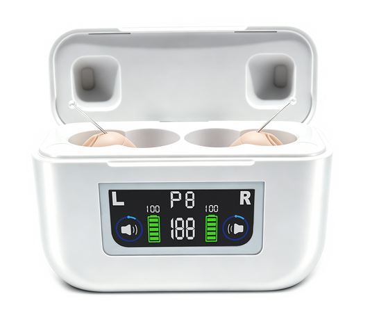 Beige Retone hearing aid pair in an open rectangular white LCD charging case